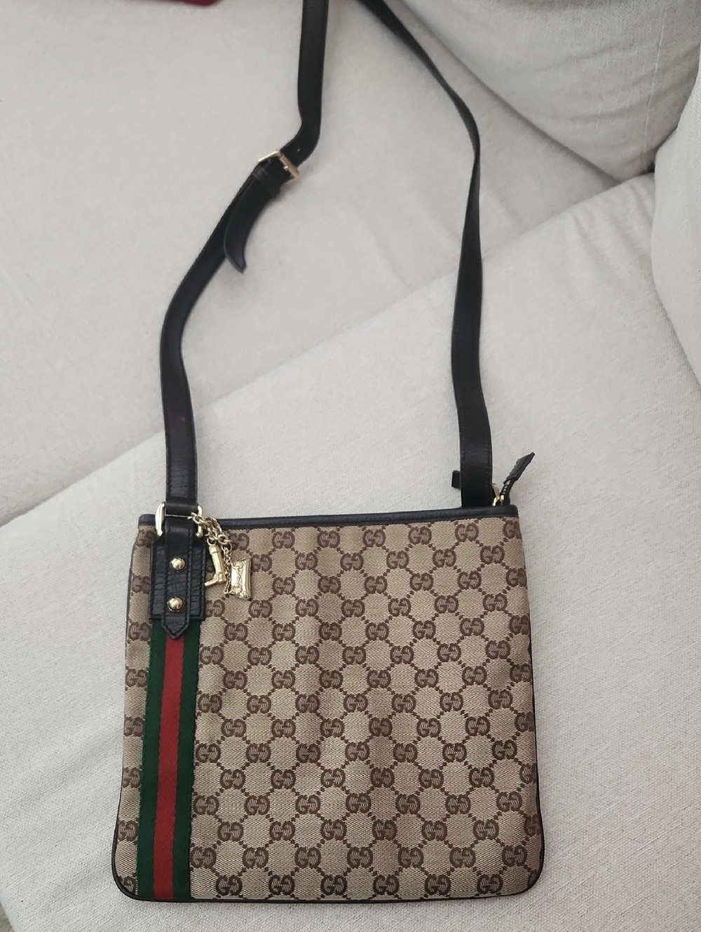 Gucci Beige/Brown GG Supreme Crossbody with Green-Red Web